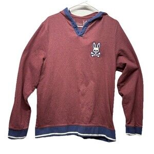 Psycho Bunny Maroon Red Blue Stripe Mens Hoodie Hoodie Sweatshirt Medium *note